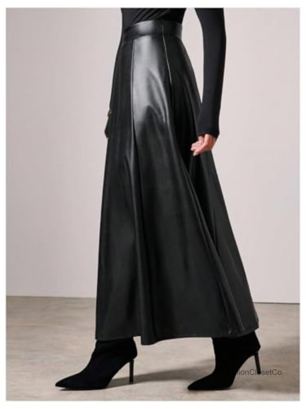 Faux Leather Maxi Skirt High Waisted A Line Flare Hem Going Out - Picture 3 of 4